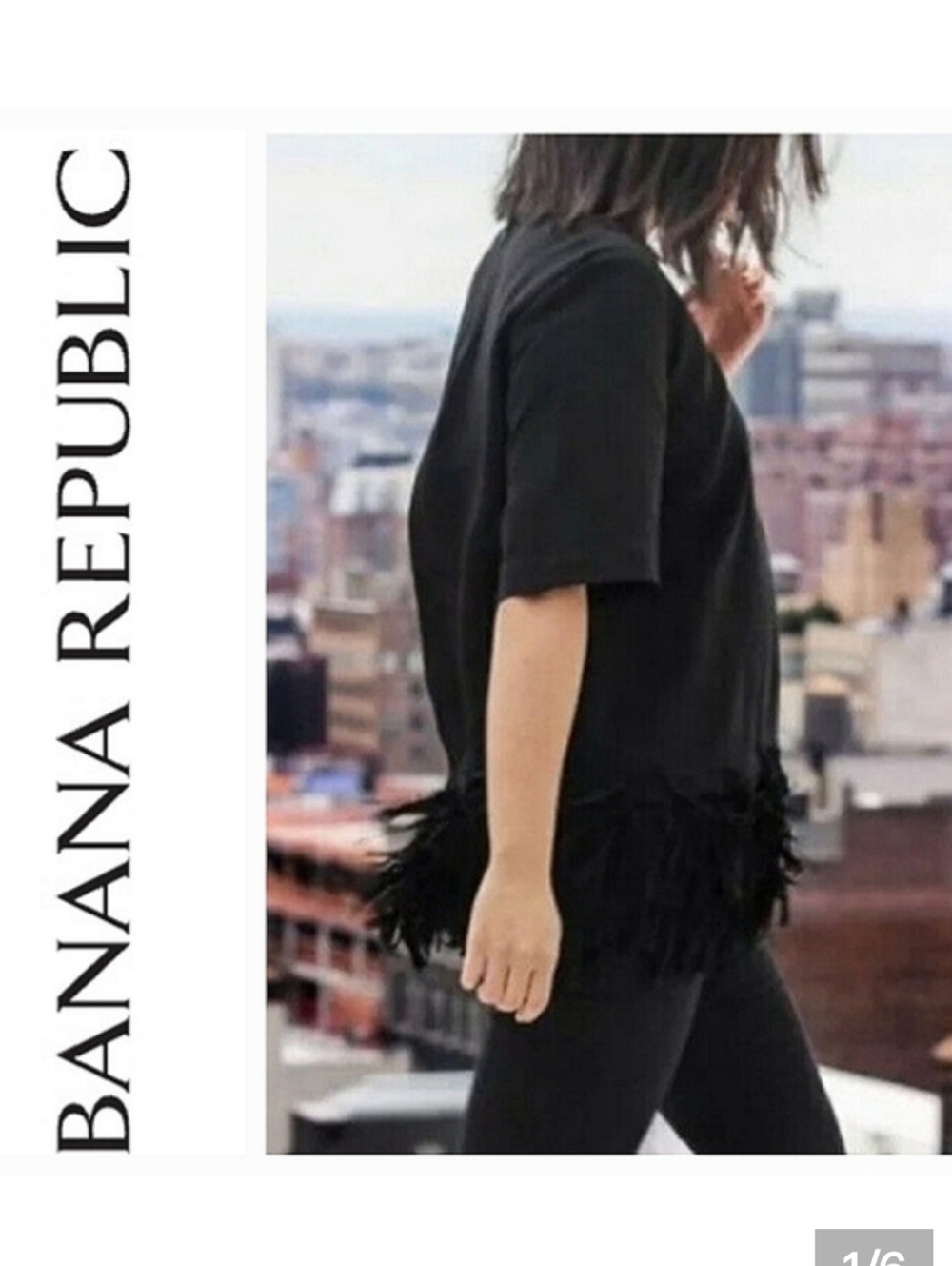 Banana Republic Fringed Crepe Top Short Sleeve Classic Black Sz Large Petite